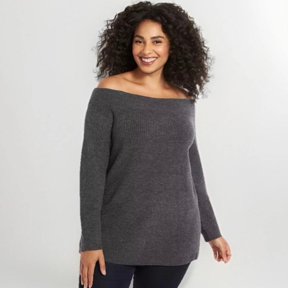 NWT Lane Bryant Off The Shoulder Sweater Heather Grey Ribbed Knit 18/20 Boatneck